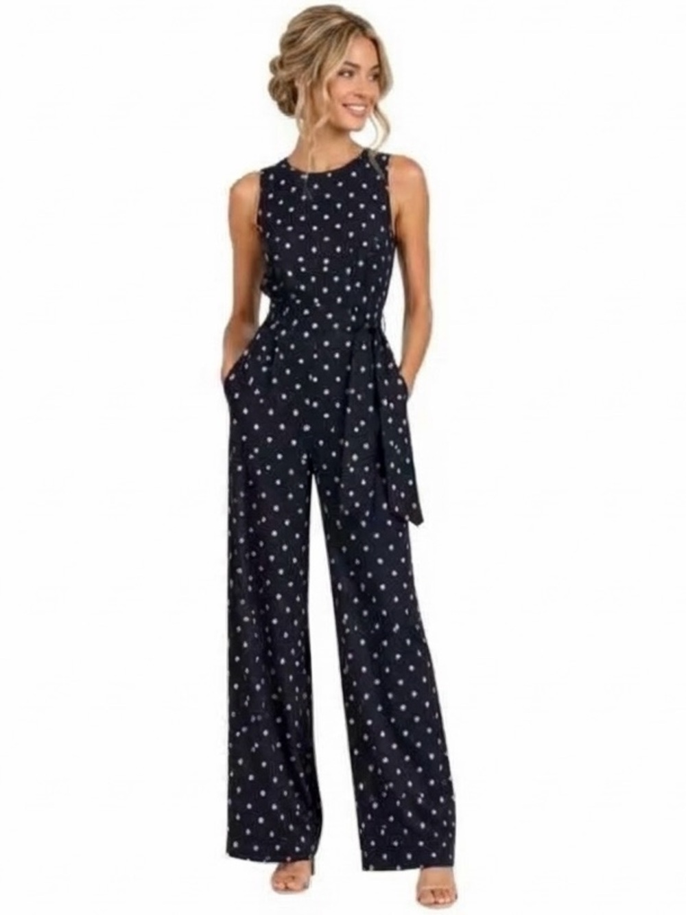 Lauren Ralph Lauren Polka Dot WideLeg Jumpsuit 6 Navy Blue Tan Stretch Pockets